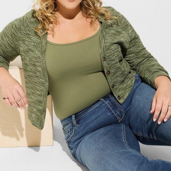 torrid Sweaters - Women’s TORRID Cropped Olive Space Dye Cardigan V-Neck Sweater (Size 2X) 18/20